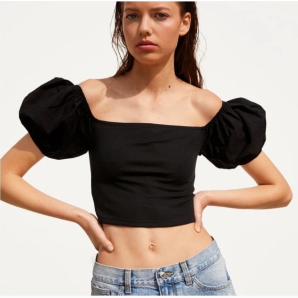 New Black Zara Cropped Top Puff Sleeve Small